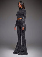 Two Piece Co-ord Set For Hot Girls High Neck Zip-Up Crop Top And Flare Pants Spring Outfit 2026