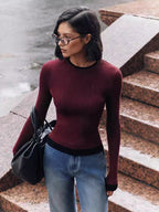 Long Sleeve Rib-knit Sweater With Contrasting Edges Spring Casual Basic Tops For Women 2026