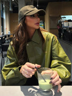 Faux Leather Bomber Jacket In Green Turndown Collar Spring Outerwear For Women 2026