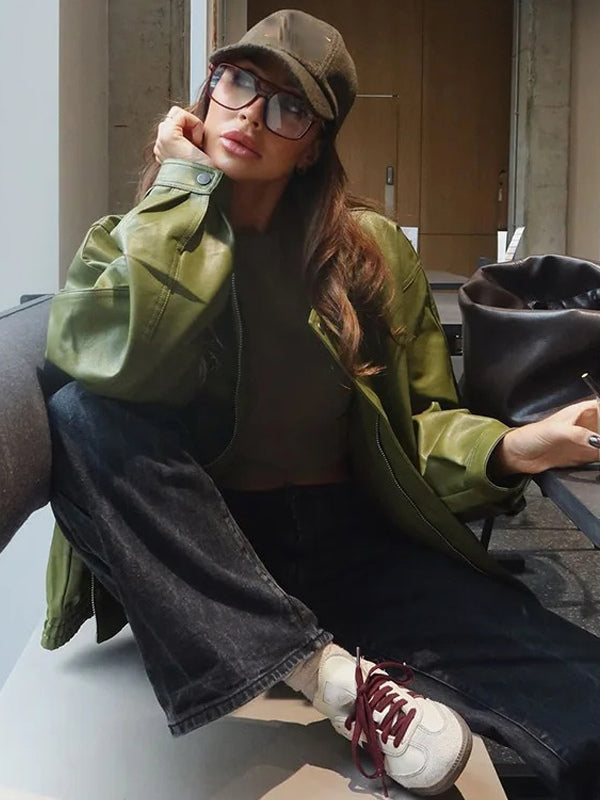 Faux Leather Bomber Jacket In Green Turndown Collar Spring Outerwear For Women 2026