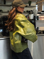 Faux Leather Bomber Jacket In Green Turndown Collar Spring Outerwear For Women 2026