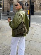 Faux Leather Bomber Jacket In Green Turndown Collar Spring Outerwear For Women 2026