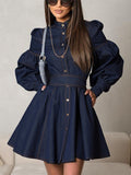 Denim Skater Dress Puff Sleeve Button-Up A-line Mini Dress For Women 2026