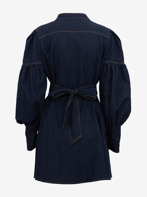 Denim Skater Dress Puff Sleeve Button-Up A-line Mini Dress For Women 2026