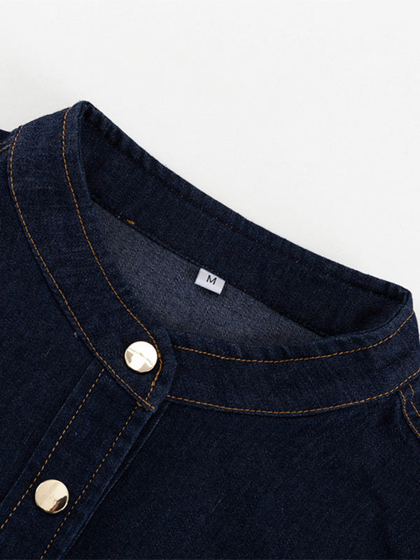 Denim Skater Dress Puff Sleeve Button-Up A-line Mini Dress For Women 2026