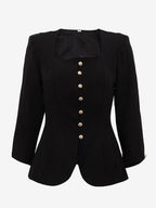 Square Neck Button-Up Blazer Jacket With Gold Buttons Slim Fit Black Top For Women 2026