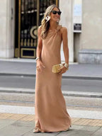 One Shoulder Maxi Dress for Women - Boho Knot Neck Sleeveless Loose Fit Column Sundress - Summer Resort Holiday 2026