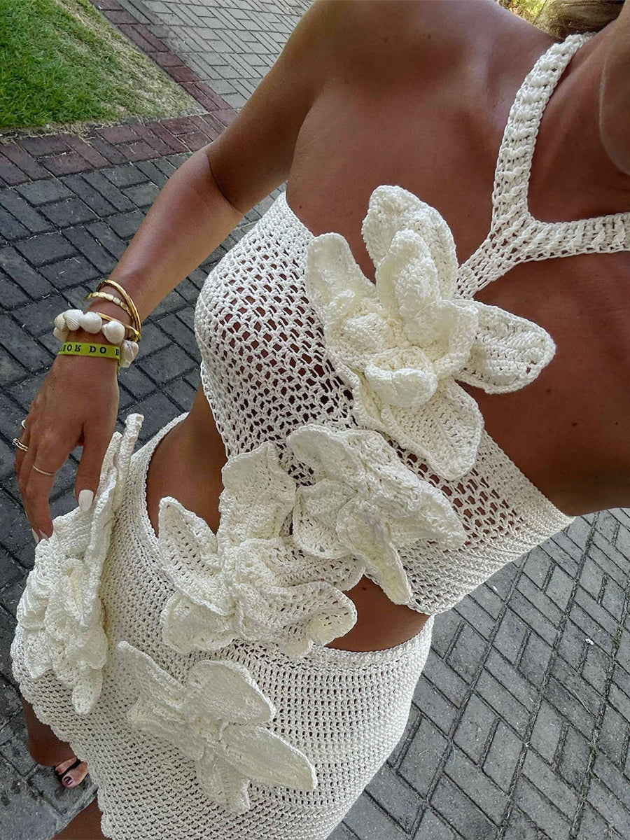 3D Flower Crochet Mini Dress Women - Boho Halter Neck Cutout Waist Knitted Bodycon Sundress - Summer Beach Vacation 2026