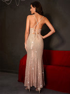 Sparkly Sequin Maxi Dress In Champagne Lace-up Ruched Spaghetti Straps Party Dress For Women 2026