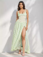Floral Jacquard Bustier Scoop Neck Ruched Bodice High Slit Maxi Dress