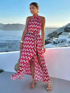 Halter Neck Maxi Dress for Women - Geometric Print Boho Side Slit Flowy Sleeveless Sundress - Summer Beach Resort 2026