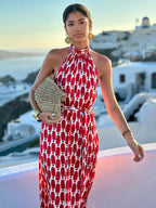 Halter Neck Maxi Dress for Women - Geometric Print Boho Side Slit Flowy Sleeveless Sundress - Summer Beach Resort 2026