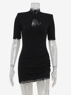 Black Bodycon Mini Dress With Lace Trim High Neck Sexy Club Dress For Women 2026