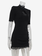 Black Bodycon Mini Dress With Lace Trim High Neck Sexy Club Dress For Women 2026
