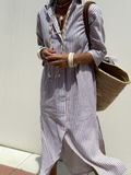 Vertical Stripe Long Sleeve Button Down Side Slit Midi Shirt Dress