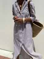 Vertical Stripe Long Sleeve Button Down Side Slit Midi Shirt Dress