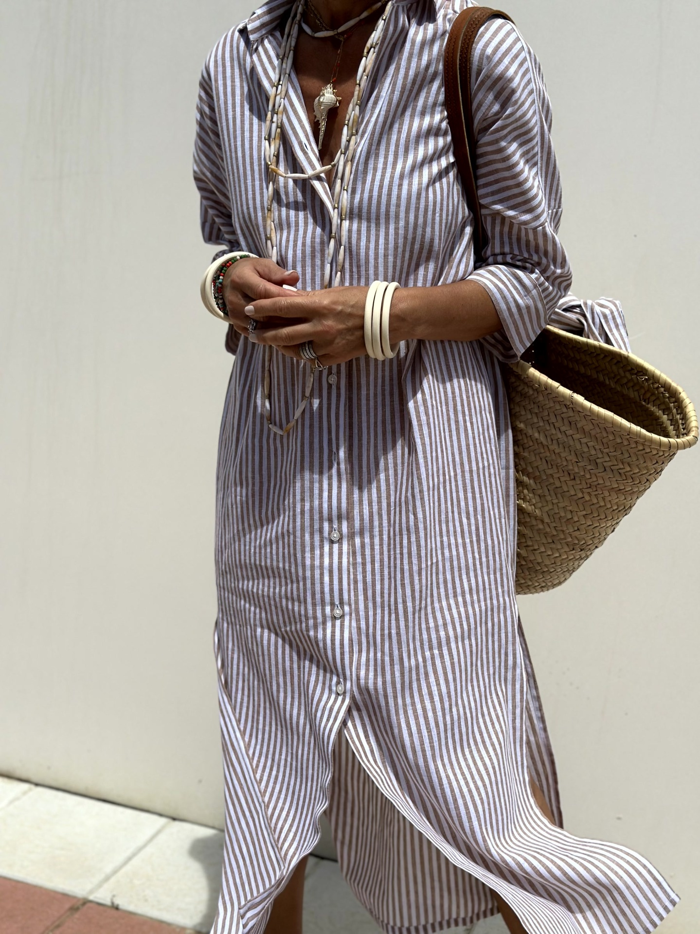 Vertical Stripe Long Sleeve Button Down Side Slit Midi Shirt Dress