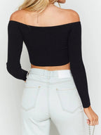 Trendy Cropped Top With Button Front Long Sleeve Off-Shoulder Knit Cardigan For Women 2026
