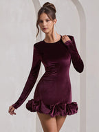 Elegant Velvet Mini Dress With Ruffle Hem Long Sleeve Bodycon Dress For Women 2026