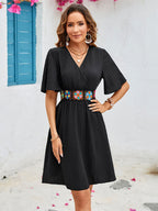 Boho Wrap Style Midi Dress for Women - Black V Neck Flutter Sleeve Embroidered Skater Sundress - Summer Beach 2026