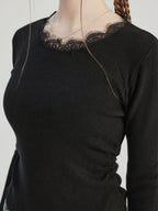 Black Basic T-shirt With Lace Decoration Crew Neck Spring Top For Women 2026