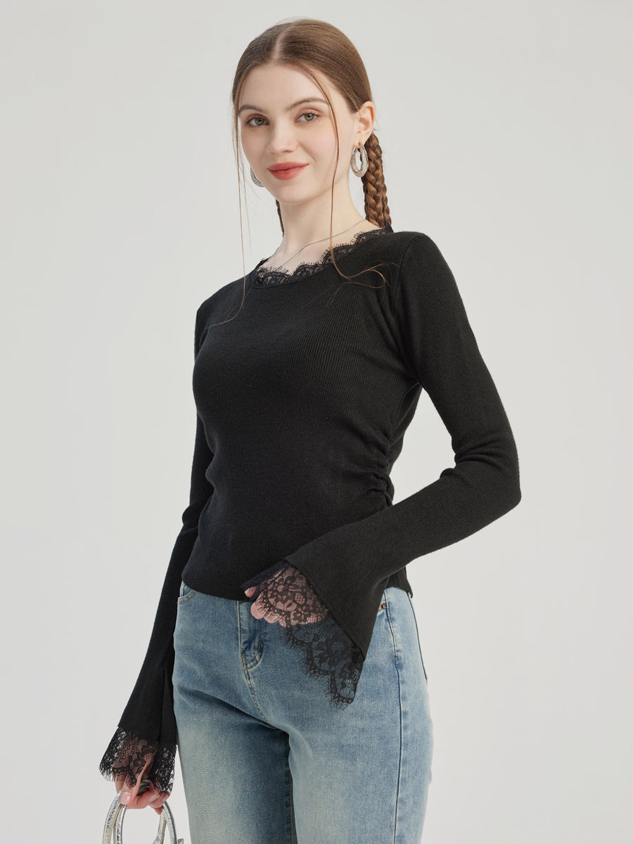 Black Basic T-shirt With Lace Decoration Crew Neck Spring Top For Women 2026