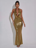 Metallic Gold Maxi Dress With Open Back Party Halter Bodycon Dress For Women 2026
