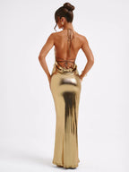 Metallic Gold Maxi Dress With Open Back Party Bodycon Halter Dress Dress For Women 2026