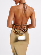 Metallic Gold Maxi Dress With Open Back Party Bodycon Halter Dress Dress For Women 2026