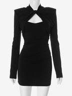 Black Cutout Bodycon Dress Padded Shoulder Long Sleeves Mini Dress For Women 2026