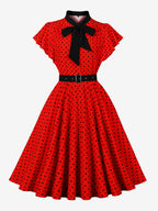 Polka Dot Shirt Dress With Tie And Belt Flutter Sleeve Vintage Midi Dress For Women 2026