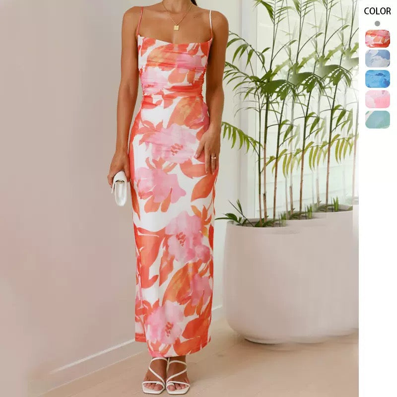 Chicest Off Shoulder Back Slit Ruched Mesh Overlay Print Maxi Dress