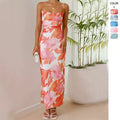 Chicest Off Shoulder Back Slit Ruched Mesh Overlay Print Maxi Dress
