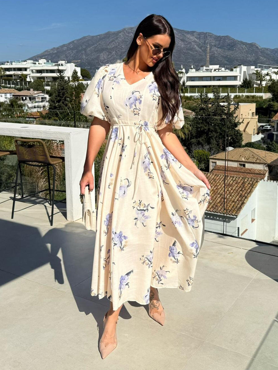 Floral Print Long Dress With Puff Sleeves For Women 2026