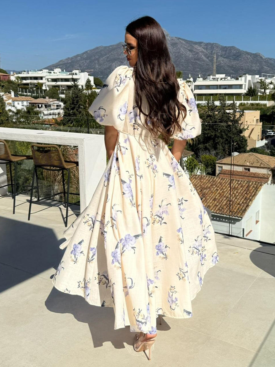Floral Print Long Dress With Puff Sleeves For Women 2026
