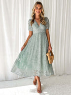 Floral Midi Dress With V-Neck And Puffy Sleeves For Women 2026