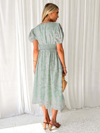 Floral Midi Dress With V-Neck And Puffy Sleeves For Women 2026