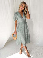 Floral Midi Dress With V-Neck And Puffy Sleeves For Women 2026