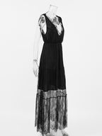 Eyelash Trim Lace Maxi Dress for Women - Sexy Deep V Neck Sleeveless Sheer Tiered Sundress - Summer Beach Party 2026
