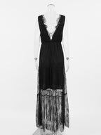Eyelash Trim Lace Maxi Dress for Women - Sexy Deep V Neck Sleeveless Sheer Tiered Sundress - Summer Beach Party 2026