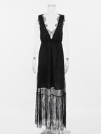 Eyelash Trim Lace Maxi Dress for Women - Sexy Deep V Neck Sleeveless Sheer Tiered Sundress - Summer Beach Party 2026