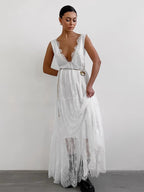 Eyelash Trim Lace Maxi Dress for Women - Sexy Deep V Neck Sleeveless Sheer Tiered Sundress - Summer Beach Party 2026