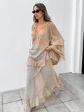 Sheer Chiffon Maxi Dress for Women - Khaki Boho Ruffle Flare Sleeve V Neck Flowy Cover Up - Spring Summer Casual 2026