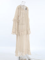 Sheer Chiffon Maxi Dress for Women - Khaki Boho Ruffle Flare Sleeve V Neck Flowy Cover Up - Spring Summer Casual 2026