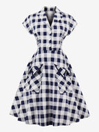 Gingham Vintage Dress Short Sleeve Hepburn Style A-line Midi Dress For Women 2026