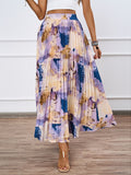 Artistic Print Pleated Maxi Skirt For Women 2026
