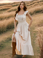 Smocked Waist Maxi Boho Dress for Women - Flutter Sleeve Square Neck Tiered Ruffle Flowy Gown - Summer Beach Sundress 2026