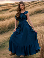 Smocked Waist Maxi Boho Dress for Women - Flutter Sleeve Square Neck Tiered Ruffle Flowy Gown - Summer Beach Sundress 2026