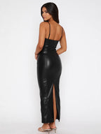 Black Faux Leather Maxi Dress Sexy Bodycon Slip Party Dress For Women 2026