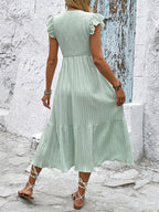 Sage Green Midi Sundress for Women - Flutter Sleeve Smocked Button Front Tiered A Line Dress - Summer Beach Vacation 2026